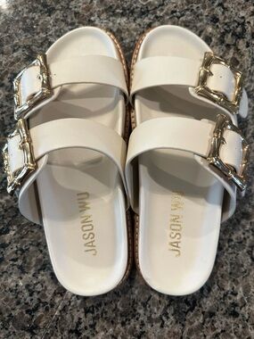 Jason Wu Ivory Double-Buckle Slide Sandals with Gold Buckles